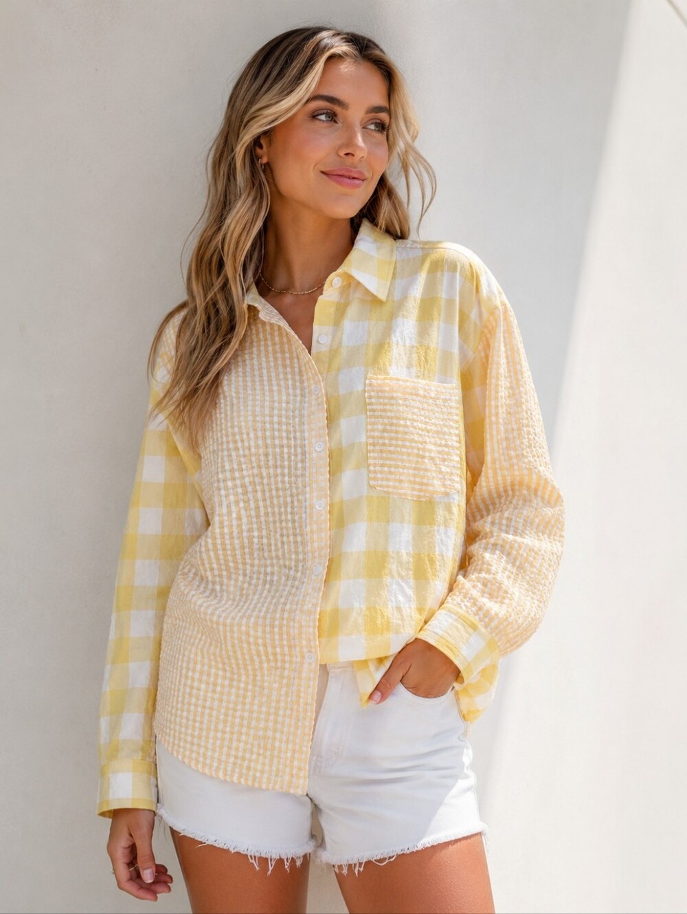 Fantastic Fawn Yellow Gingham Mixed Print Button Down Shirt NWT Medium